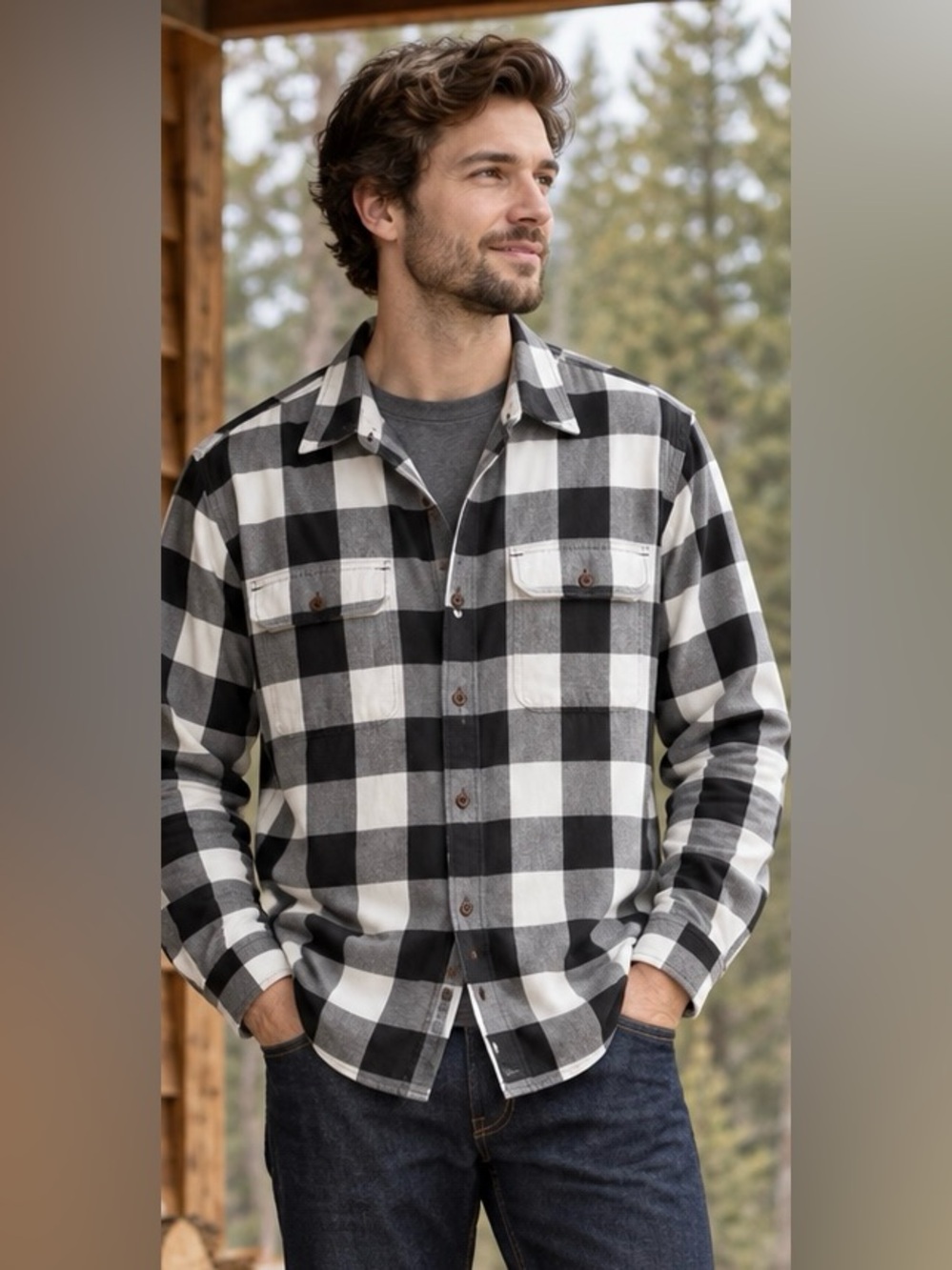 Lucky Brand men’s Untucked Fit Gray Check Flannel Top Button Up Collared  Large